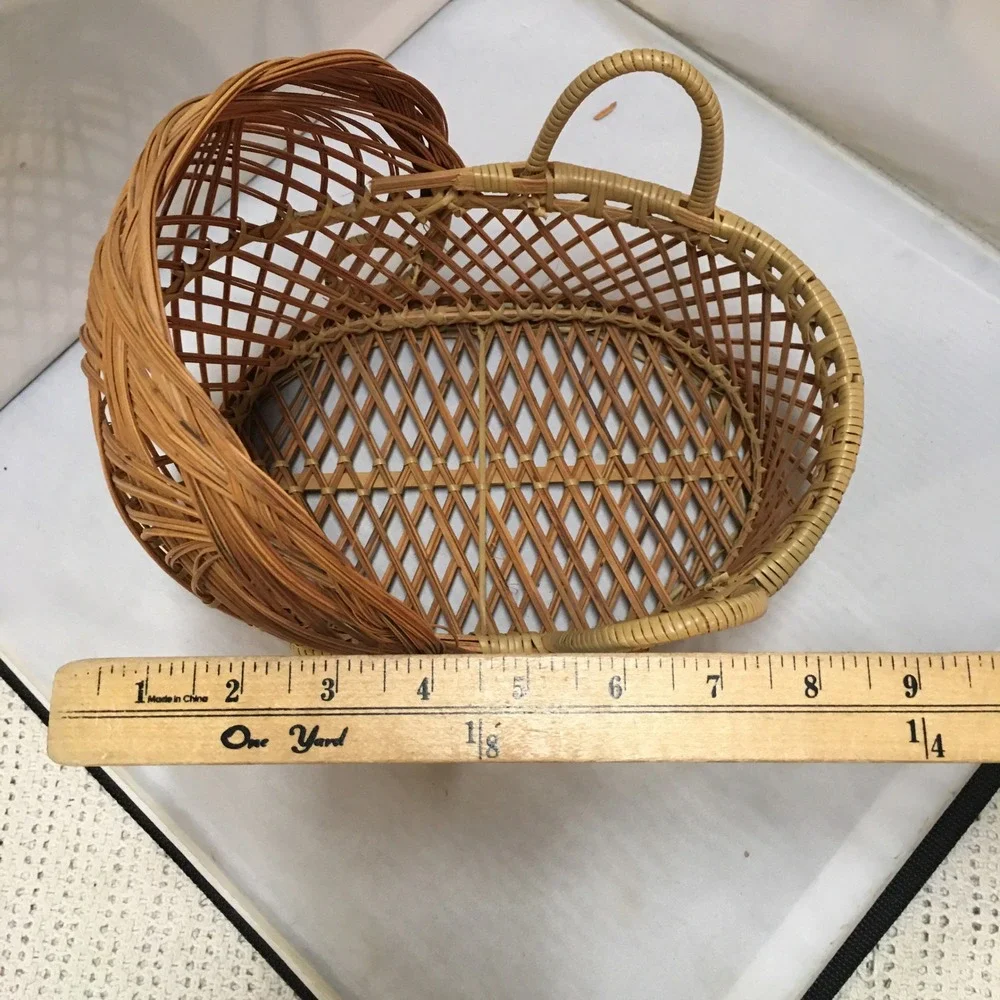 Wicker Doll Bassinet Miniature Small Tan Rattan Hooded Cradle Basket Cottagecore